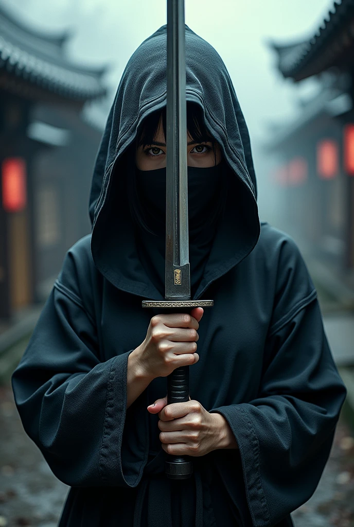 "A detailed 8K wallpaper designed for a MacBook, featuring a ninja girl in a dynamic and intense pose. She is holding a katana vertically in front of her face, partially obscuring it. The ninja girl has sharp, focused eyes with a fierce expression, and her face is mostly covered by a black mask, leaving only her eyes visible. She wears traditional ninja attire, including a dark hood and armor with intricate textures. The katana glistens in the low light, reflecting subtle details of her surroundings. The background is a mysterious, shadowy environment with hints of a traditional Japanese village in the distance, shrouded in mist. The overall color palette is dark with high contrasts, highlighting the intensity and stealth of the scene. The lighting is dramatic, casting soft glows and deep shadows, enhancing the realism and mood of the image."