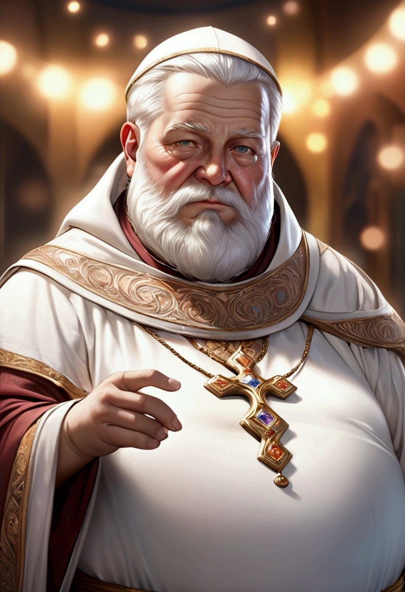a detailed of an elderly, obese white Dominican monk with an attractive, beard, kind facial expression, warm lighting, ornate religious robes, detailed facial features, photorealistic, 8k, (best quality, 4k, 8k, highres, masterpiece:1.2), ultra-detailed, (realistic, photorealistic, photo-realistic:1.37), HDR, UHD, studio lighting, ultra-fine painting, sharp focus, physically-based rendering, extreme detail description, professional, vivid colors, bokeh