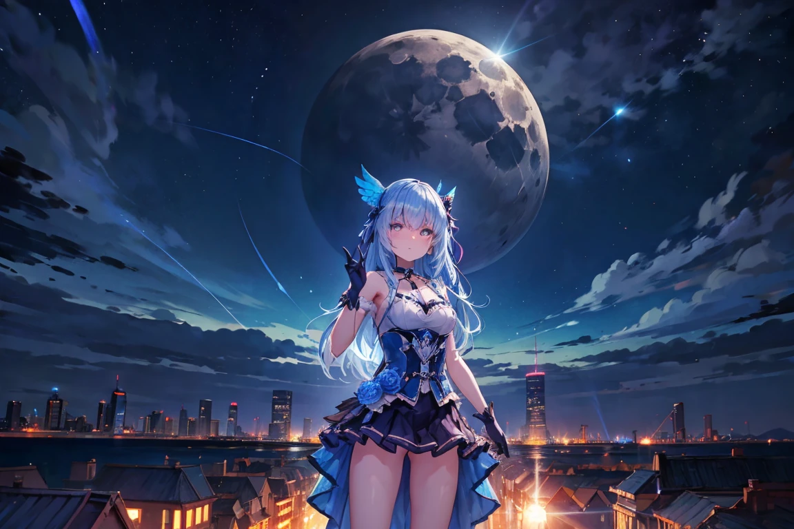 masterpiece, best quality, 1girl, solo, blue bird, standing, outdoors, futuristic cityscape, night, night sky, moon, neon city, lens flare, cowboy shot
