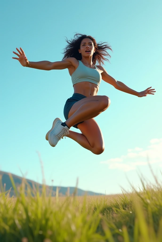 A dynamic scene of a human mid-leap, captured in mid-air against a bright, clear sky. The person is dressed in athletic gear, with muscles tense and limbs extended in a powerful, energetic jump. The background shows a vivid landscape, with lush green grass beneath and a distant horizon. The lighting is natural, with sunlight casting realistic shadows. The overall vibe is one of freedom, strength, and exhilaration