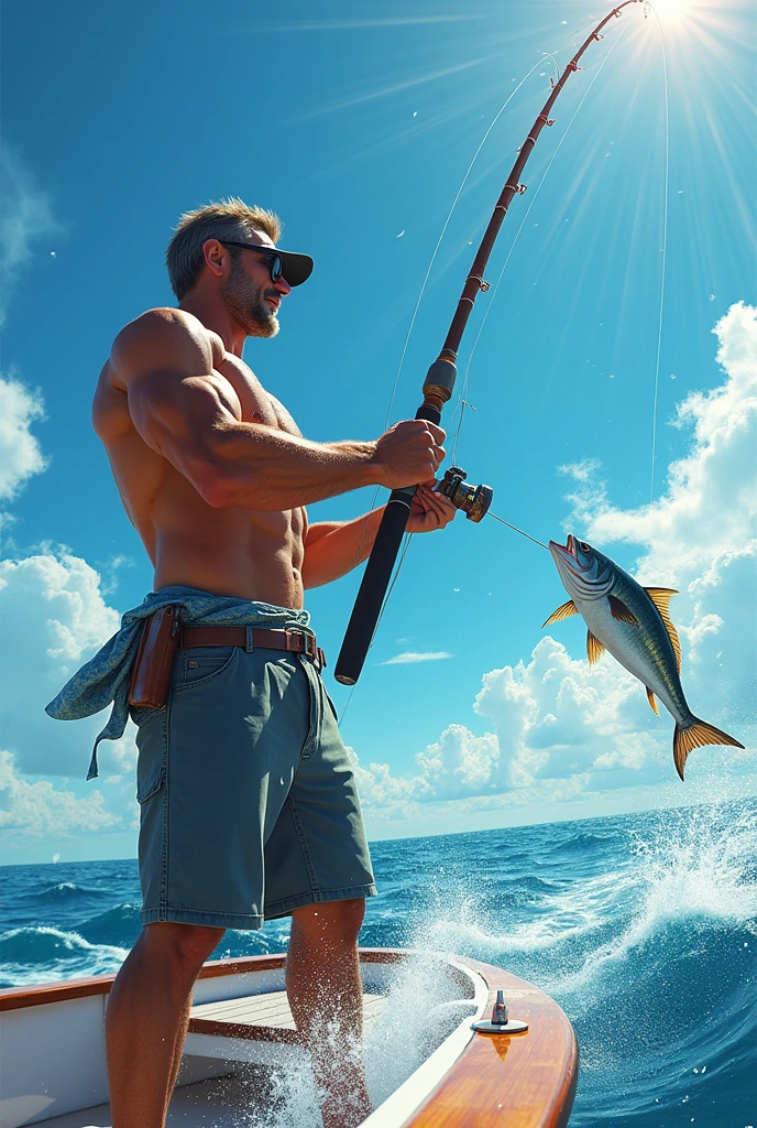 A strong man with a tan, he caught a big fish while fishing, on the cruiser, the dazzling summer sun, the blue sky,