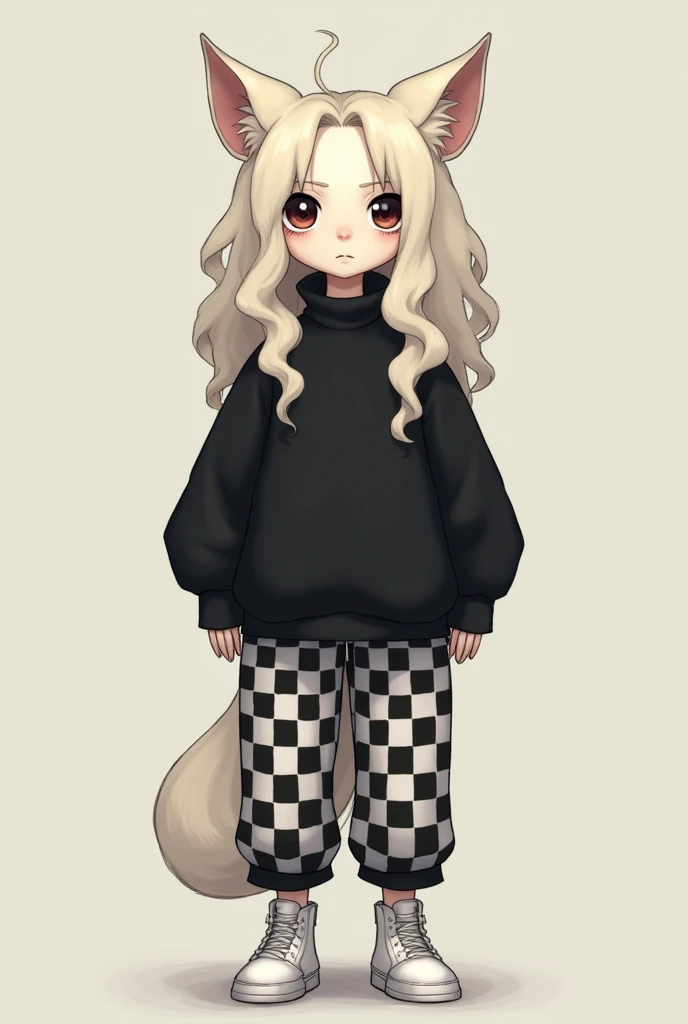 white wavy hair, black and gray checkered pants, cat ears, black shirt, white shoes