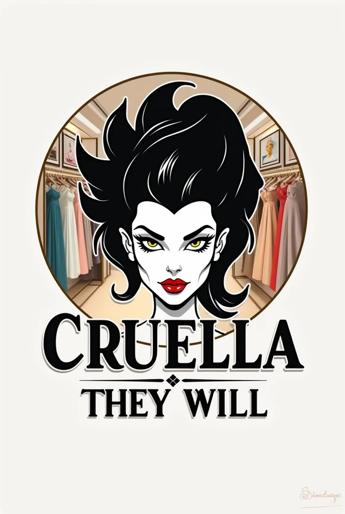 Logo de boutique con la cara de cruella they will en medio de una boutique llena de vestidos con fondo blanco y con el nombre "cruella they will" In the middle