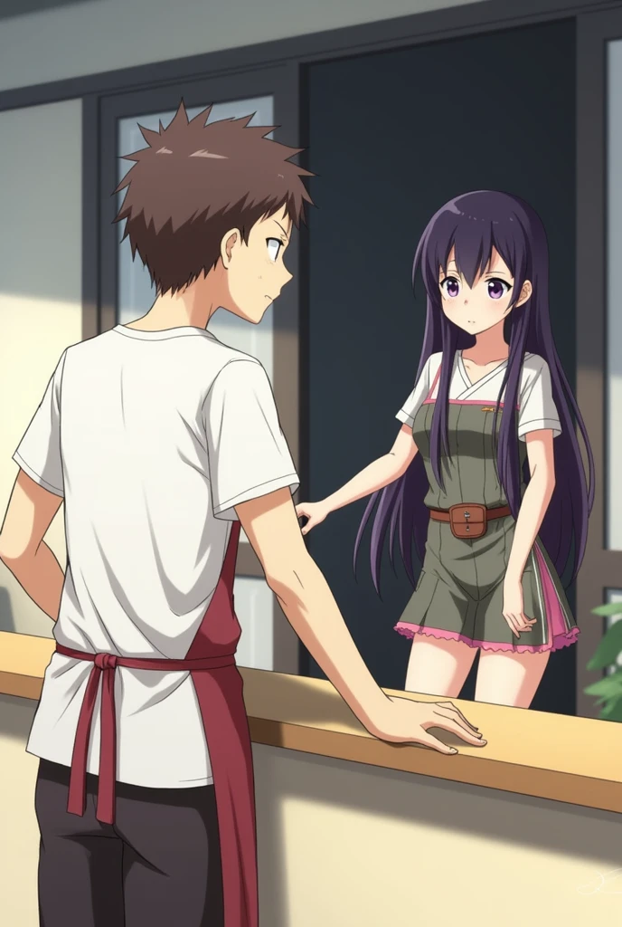 Two characthers in the frame with anime oshi no ko theme art. one character is male with flat face expression with coma hairstyle using white t-shirt and apron on it standing behind the counter. the male character looking at Beautiful female with long hair and japanese one piece coming from the front door