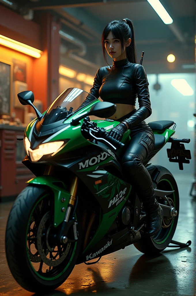 beautiful kunoichi, sitting on a bigbike(Kawasaki H2R) , wearing a katana on her back, soft lighting, in a garage, racing pose, cool garage, intricate details, warm colors,