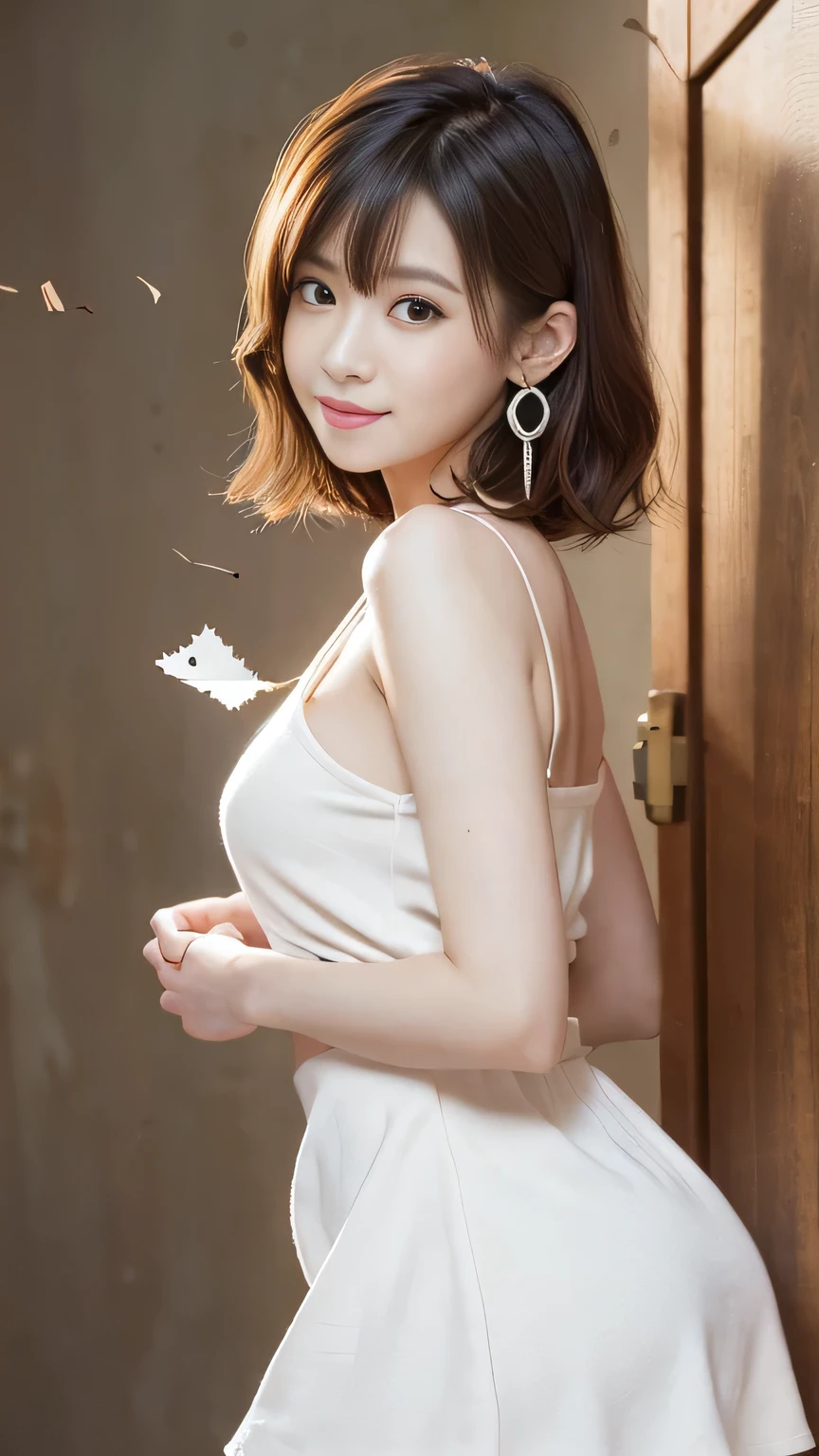 (Highest quality, Flying debris, Realistic photos, Very detailed, Ultra-high resolution, to be born:1.3), (1 female, Beautiful Japanese actresses, 2), (A shy smile), Detailed face,Flashy makeup using red eyeshadow,Large ring earrings,Light blonde delicate medium cut hair,The tips of the hair are wavy,Elegant hairstyle,Beautiful Eyes, Slender actress,Small breasts, (mini skirt dress), ( From beh de d), A glimpse of white panties,