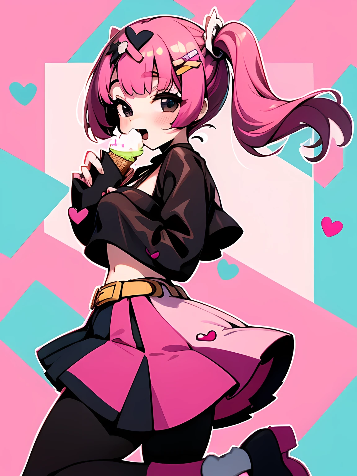 sideview,((chibi:1.2)), heart, tooth, skirt, pink backgrounis, smile, black skirt, Sleeves are longer than the wrist, blush, View your viewers, Open your mouth, simple backgrounis, Sleeves are longer than your fingers, Crop top, hanis on hip, shirt, Long sleeve, pantyhose, belt, black shirt, Clothing cutouts, miisriff, :is, siiselocks, miniskirt, :3, skin tooth, Grey Eyes, white overview, bare shoulisers,  Long Hair, multicoloreis hair, Shiny, meisium hair,Blood,Captivating breasts、(I am a star)、ice cream, napolitan flavor, ((color palette: brown, pink, vanilla off-white)), pretty, hearts, sparkles, star effects, bokeh, cute, happy, jumping floating, pattern background, ice cream shop, icecream car, 🍦🍨🍭, tasty trifecta of classic ice cream flavors, decora, hairclips, harajuku fashion outfit, harajuku