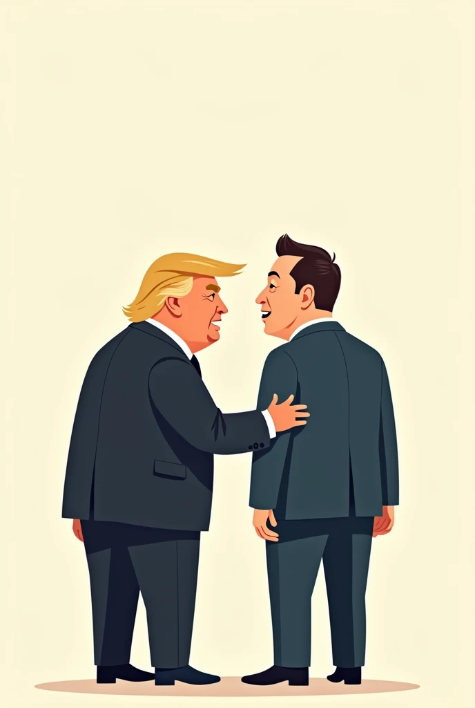 Trump and Elon Musk minimalist cartoon, happy, big heads and small bodies, back view, They look at each other, they are friends,Trump and Musk victorious, minimalist cartoon