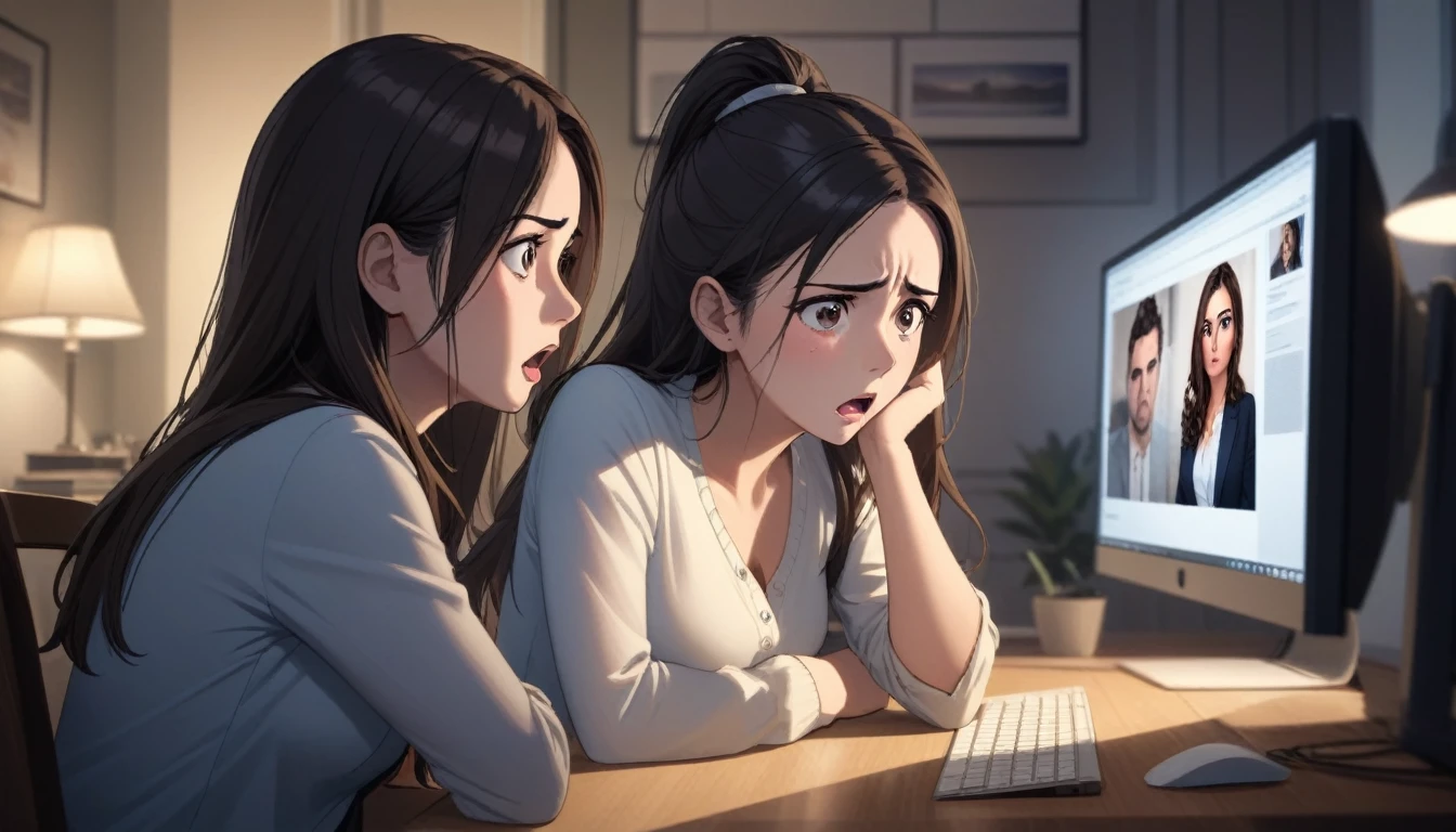 A woman sitting at a desk, looking at her computer screen with a shocked and confused expression. The screen displays intimate photos of her husband and her close friend. The room is dimly lit, highlighting her emotional turmoil and the distress of discovering betrayal. The atmosphere is tense and heavy with the weight of the moment.