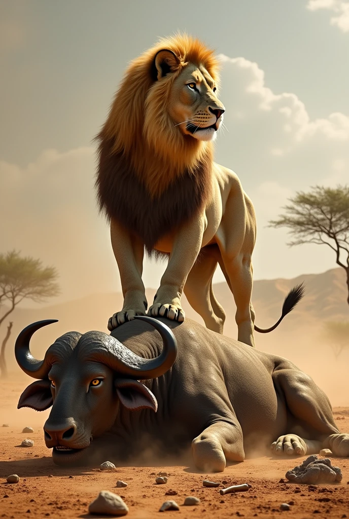 
Lion standing on a dead buffalo