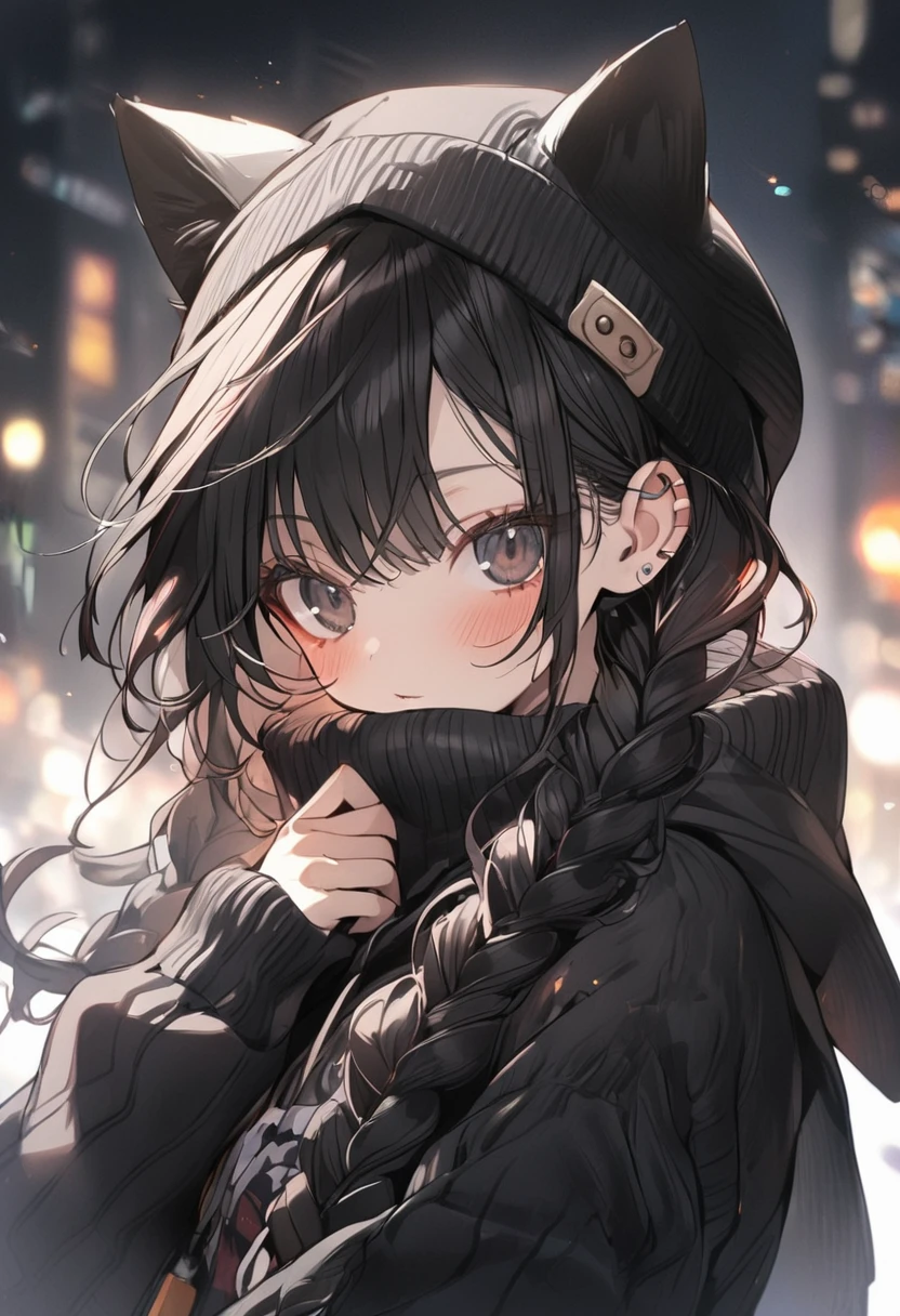 1 Girl,black hair,braid hair,black eyes,knit cap with cat ears,black hoodie