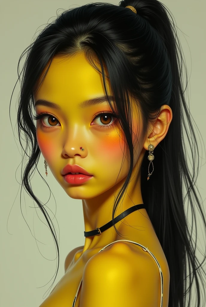 An asian girl with yellow skin Langsat, Her hair is tied in a ponytail, she is wearing a light blue hoodie, she has slightly thick, plump lips, a mean look, and a mole under her eyelid.