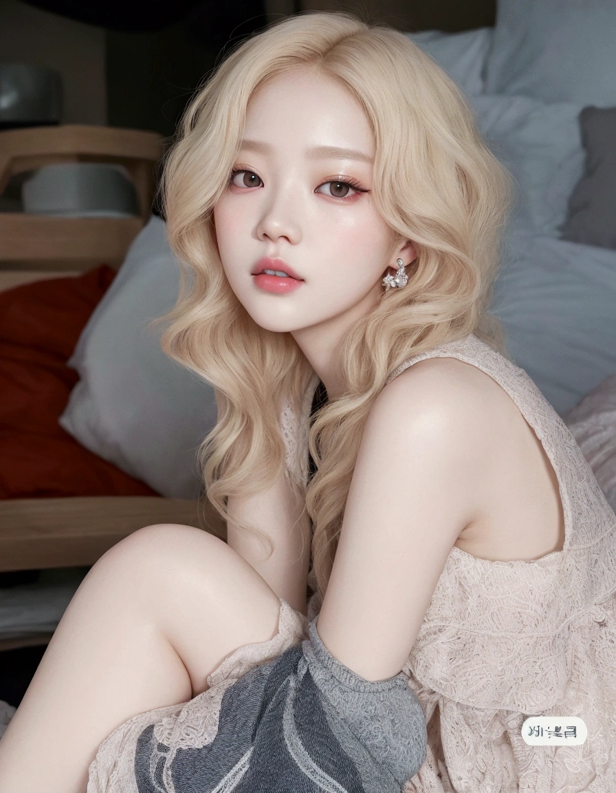 A close-up of a person sitting on a bed with a bag, pale skin curly blonde hair, ulzzang, lalisa manobal, roseanne park by blackpink, white hime cut hairstyle, Kim Doyoung, heonhwa choe, pale ivory skin, Sun Yunjoo, Jinyoung Shin, extremely pale blonde hair, Jaeyeon Nam, pale and light skin!!