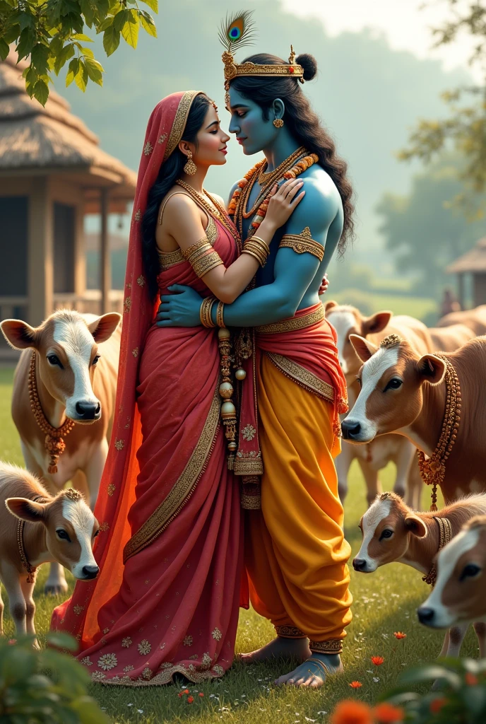 Radha with krishna ai image in village with cow's child