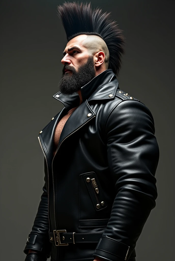 From below, a side view of a muscular man in a long black sleeved leather coat with metal studs and zippers like a rocker leather jacket and a massive, exxagerated, stiff tall high collar turned up tight against the sides of his face completely like a spy’s coat.
Detailed facial features, extremely detailed muscular physique, lots of chest hair, hairy chest, masculine tattoos, large penis, massive outline of bulging penis, fierce and intimidating expression, commanding pose, black mohawk, bearded face, clear and sharp lighting, photorealistic, cinematic, hyper-realistic, high quality, 8k, ultra-detailed, physically-based rendering, studio lighting. Massive bulge. Big penis outline.
Stiff Leather collar exxaggerated to the top of the head. Turne-up collar very high and stiff. Slick black leather, very polished.