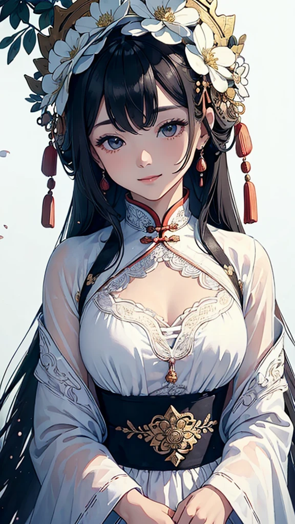 (Upper Body: 1.5),(White background:1.4), ((vertical painting)), The original,(illustration:1.1),(best quality),(masterpiece:1.1),(Extremely detailed CG unified 8k wallpaper:1.1), (rich and colorful:0.9),(Panorama:1.4),(whole body:1.05),(alone:1.2), (Ink splash),(Splash of Color),((watercolor)), Clear and sharp focus,{ 1 girl standing },((Chinese )),Floral Background,outdoor,rock, looking at the audience, make a happy face,gentle smile,Pure,Beautiful and delicate face and eyes,Exquisite and intricate clothing decorative pattern details, black hair,black eyes,Colored Water