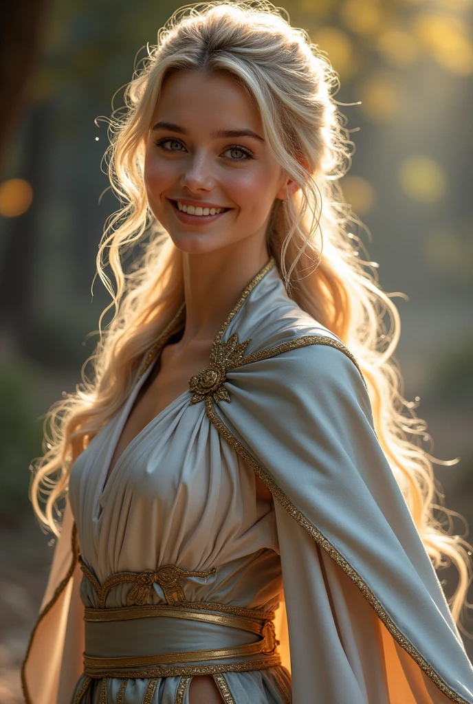 Vampyfangs1,(RAW photo) , 1girl, cute, 20 years old, long blonde hair in ponytail, smiling, look at viewer, ((((silver and gold lined satin cape tied at the neck)))+++, side spilt skirt , photo, realistic, best quality, hires, detailed face, detailed background, diffused lighting, depth of field, bokeh