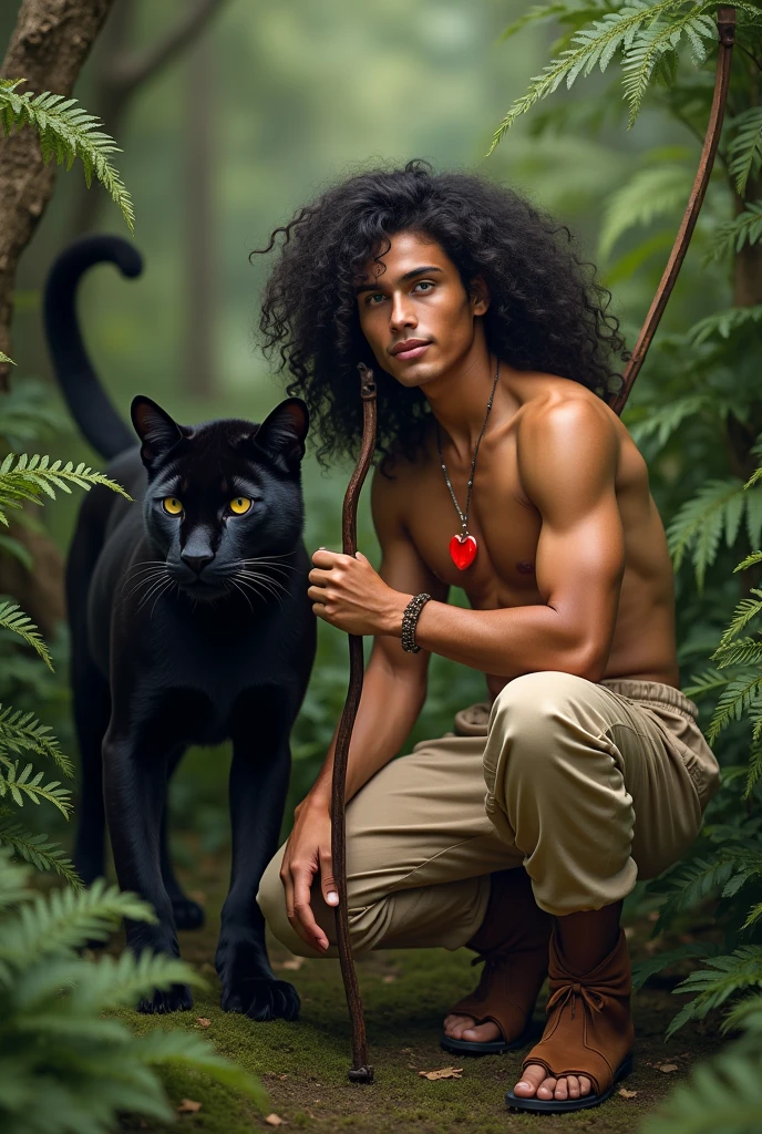 A very handsome guy with the masculine features of a young man and black straight hair down to the ground with bangs to the side. He is bare-chested and has golden-tanned skin.. He is very slim and stately.. He has a red heart pendant on his chest.. There are panther ears on the head. He is wearing beige fur long pants and brown shoes in the shape of cloven hooves.. Squats in a fern thicket and shoots a bow. He smiles beautifully. Next to him is a kind black panther.