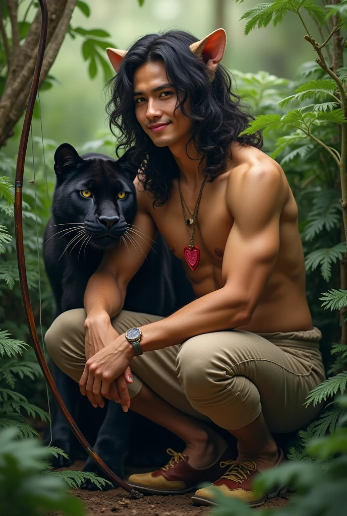 A very handsome guy with the masculine features of a young man and black straight hair down to the ground with bangs to the side. He is bare-chested and has golden-tanned skin.. He is very slim and stately.. He has a red heart pendant on his chest.. There are panther ears on the head. He is wearing beige fur long pants and brown shoes in the shape of cloven hooves.. Squats in a fern thicket and shoots a bow. He smiles beautifully. Next to him is a kind black panther.