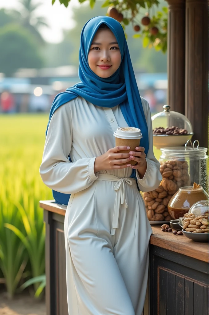 ((masterpiece, highly detailed, full body photo, realistic)). (Asian women wear blue hijabs and tight white long-sleeved trousers dresses), trousers dresses made of combed cotton that are tight and fit to cover the whole body. Hourglass body, pale skin, thick thighs, ((huge breasts)), slightly chubby, big hips, giant breasts, beautiful and sexy body. he was holding a paper cup, standing next to a mini coffee cart, filled with various coffees and snacks. background of rice fields and busy streets in the afternoon