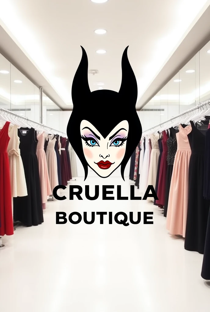 Boutique logo with Cruella de Vil's face in the middle of a boutique full of dresses with a white background and the name "Cruella Boutique" In the middle