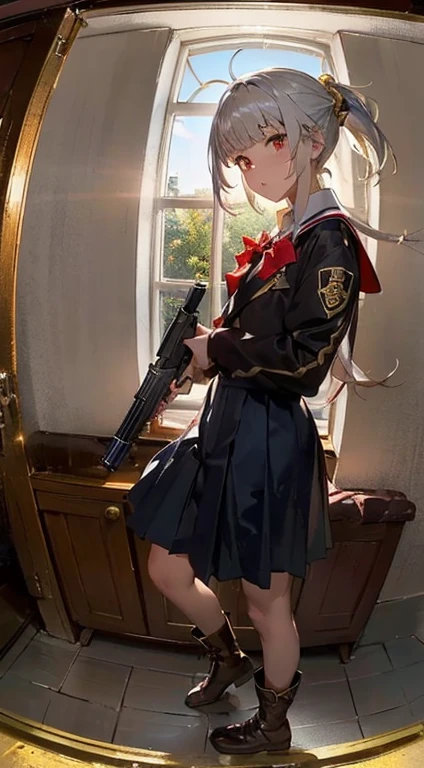 (((holding gun, ultra detailed, M92F, M9, hand gun, ultra detailed ))), Full body shot, sunset, ((fisheye)), ruin charch, oversized, beautiful red eyes, master peace, shiny hair, silver hair, ponytail, extra detailed, (jig eyes)brown boots, School uniform, Dynamic angle, loha, ((many gold ammunition)), gunatyou