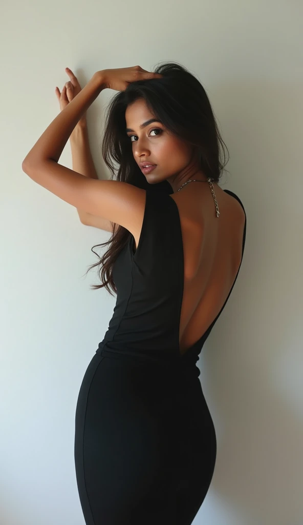 A cute 20 years old indian girl taking selfie, rough dry face skin , full body view , black dress , white wall background , model pose , sexy and hot 