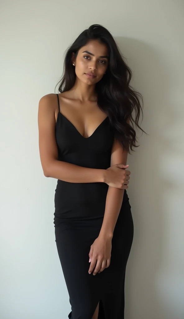 A cute 20 years old indian girl taking selfie, rough dry face skin , full body view , black dress , white wall background , model pose , sexy and hot