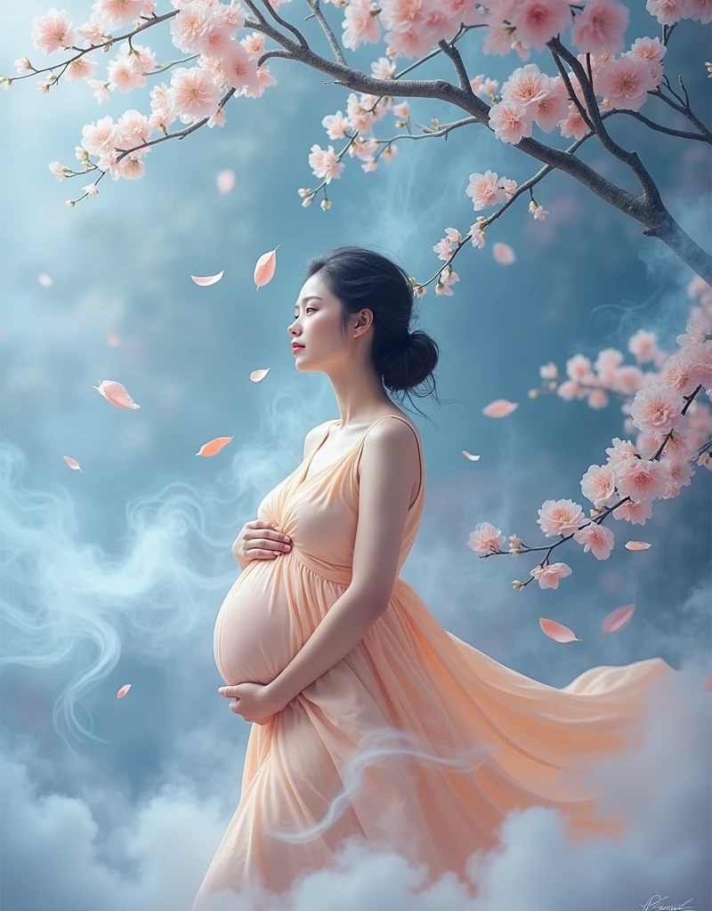 pregnant woman , flower background smoke boms around the lady, pink and blue smokeey coloudy background would be better , peach colour dress