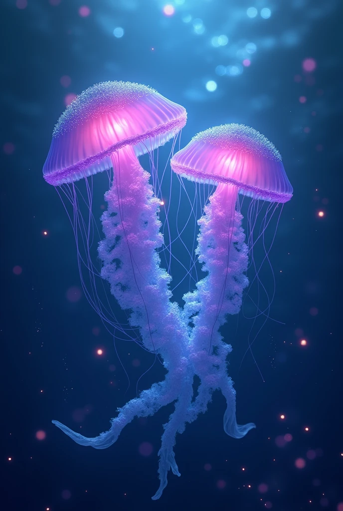 Blue and purple jellyfish couple romance quality magic, lights, sheen, sea background