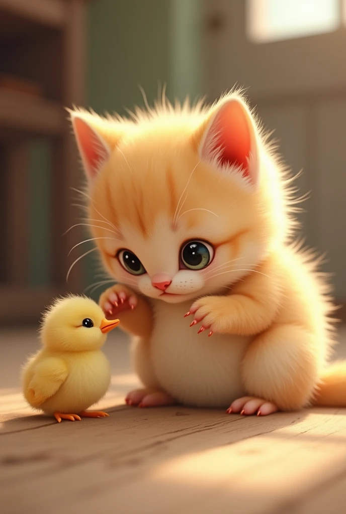 A fat kitten is watching a newborn chick