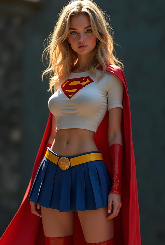 full view of A SEXY AGE FEMALE WITH DARK BLUE EYES AND MEDIUM MESSY GOLDEN BLONDE HAIR WEARING A CLASSIC WHITE SUPERGIRL LONG SLEEVED CROP TOP COSTUME, A SHORT BLUE PLEATED SKIRT WITH A YELLOW SUPERGIRL BELT, RED HIGH HEELED SUPERGIRL BOOTS, AND SHORT RED SUPERGIRL CAPE WITH YELLOW TRIM. (gigantic perky boobs:1.3), incredibly detailed skin and eyes, seductive poses, 8K resolution, masterpiece, ultra-detailed, realistic, photo-realistic, vivid colors, dramatic lighting,