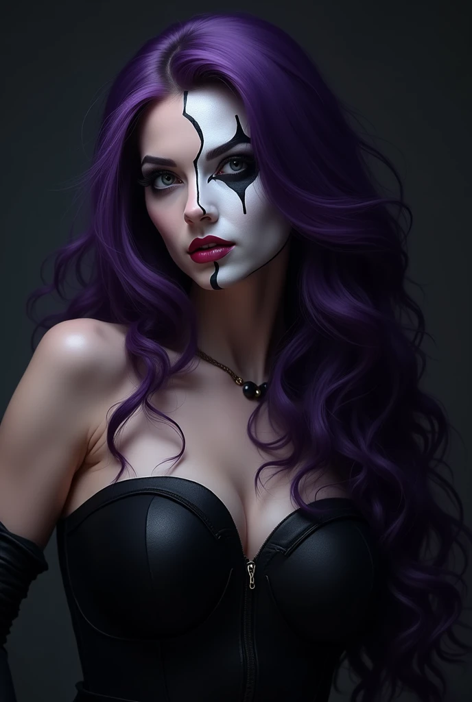 Purple-haired woman in black clothing and black gloves looking sideways at the viewer, seductive Tifa Lockhart portrait, Female abuser, Angela White, , Tifa Lockhart, extremely sexy woman,Has long purple hair, Black black gradient purple wavy long hair 2 b, 2b, portrait of Tifa Lockhart, Mid-chest devil suit, Japanese Goddess, The charming Tifa Lockhart, Horror scene pumpkin lantern.Half white face makeup eyes