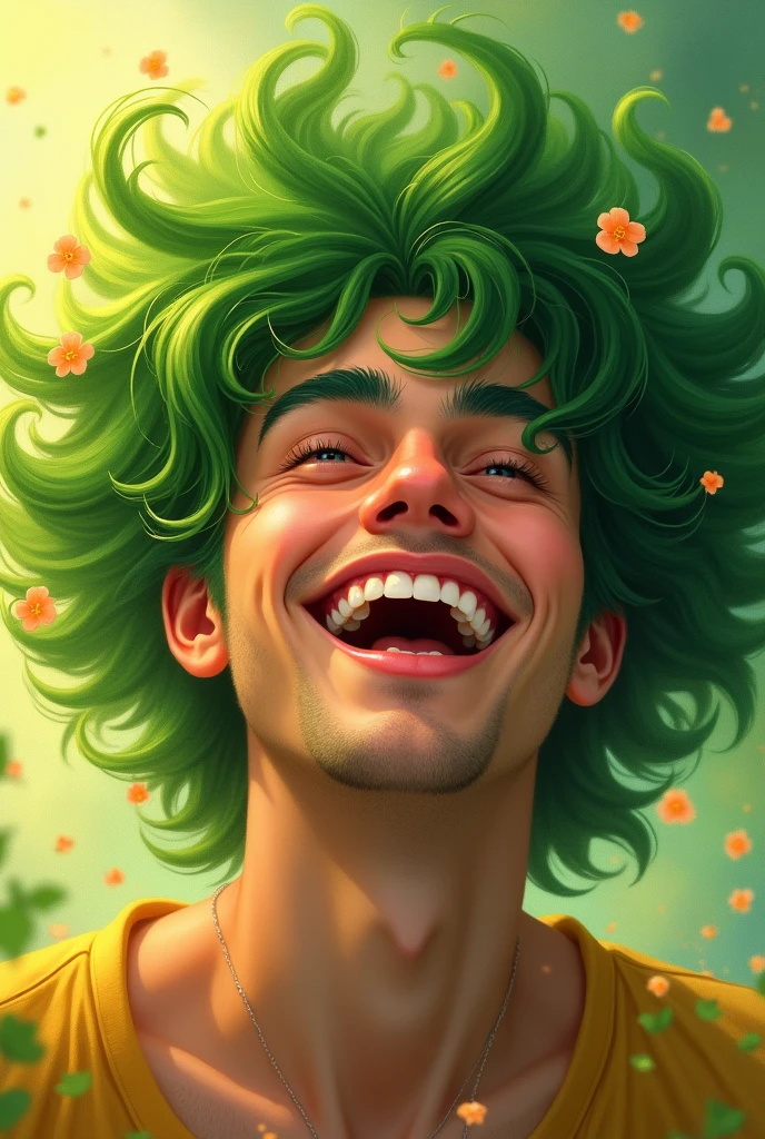 Make an art of a happy man with green hair