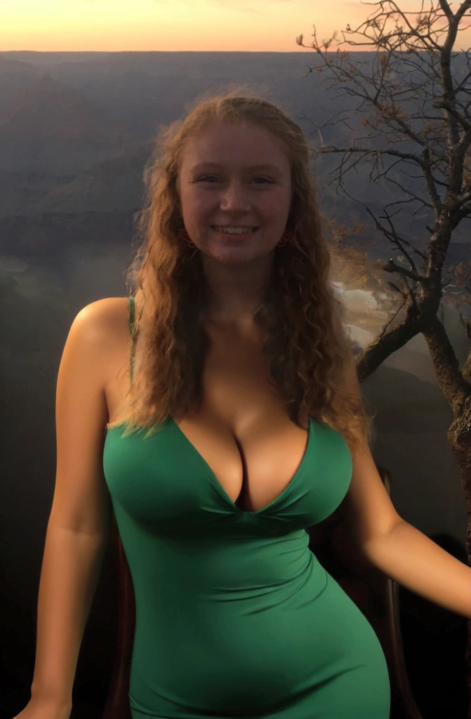 busty girl in a tight green dress, good lighting, well-blended, UHD