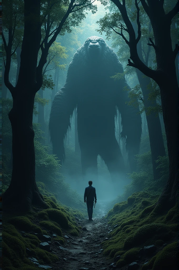 Man walking through a dark forest with giant trees and in front of him an entrance to a cave, It's dark but you can still see the silhouette of a giant snake