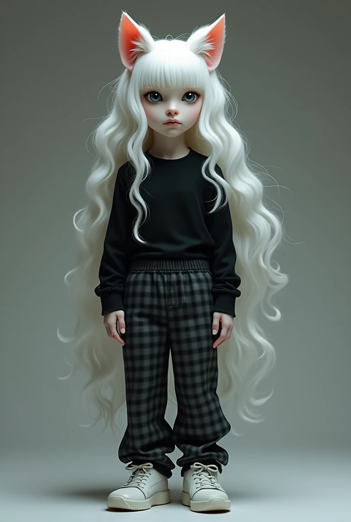 white wavy hair, dark gray black checkered pants, cat ears, black shirt, white shoes
