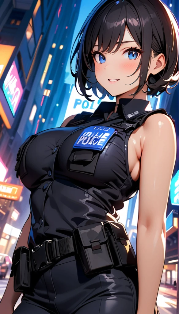 (high quality, 8k, 4k, high contrast, masterpiece:1.2, best quality, best aesthetics), (dynamic angle), Sexy female police officer, Detailed face and body, Beautiful breasts, confident look, (black hair, short hair), Shiny black uniform, Tactical belt with equipment, Glossy Badges and Name Tags, Carrying a small handgun, Standing in a dynamic pose, dutch angle, Flashing police car lights against cityscape background,