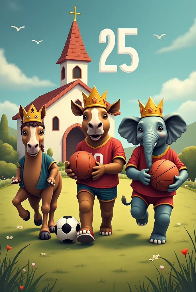 Poster of three animals with crowns in front of a village church ,with green grass, a horse in a volleyball uniform, a camel in a football uniform and an elephant in a basketball uniform, all with soccer balls , basketball and volleyball, using the number 25 and accompanied by the three wise men