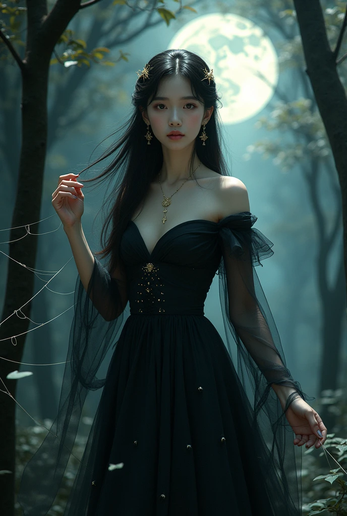 《Journey to the West》Spider Spirit,Transformed into a beautiful woman,Wearing a black silk dress,The pattern of the net can be vaguely seen on the skirt,Charming face,There is a bit of mystery in the eyes。Her long hair hung down like a waterfall,Wears a blonde hair ornament,Holding a thin silk thread。The background is a dark forest,Trees entangled,Webs spread among the trees,The moon is high in the night sky,Moonlight fell on her,Creates a mysterious and dangerous atmosphere。The overall picture adopts dark tones,Highlight the eerie atmosphere,At the same time, it has a classical oriental beauty。