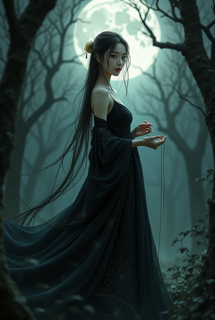《Journey to the West》Spider Spirit,Transformed into a beautiful woman,Wearing a black silk dress,The pattern of the net can be vaguely seen on the skirt,Charming face,There is a bit of mystery in the eyes。Her long hair hung down like a waterfall,Wears a blonde hair ornament,Holding a thin silk thread。The background is a dark forest,Trees entangled,Webs spread among the trees,The moon is high in the night sky,Moonlight fell on her,Creates a mysterious and dangerous atmosphere。The overall picture adopts dark tones,Highlight the eerie atmosphere,At the same time, it has a classical oriental beauty。