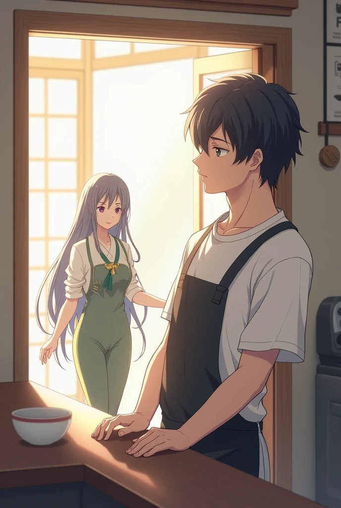 Two characthers in the frame with anime oshi no ko theme art. one character is male with flat face expression with coma hairstyle using  white t-shirt and apron on it standing behind the counter. the male character looking at Beautiful female with long hair and japanese one piece coming from the front door