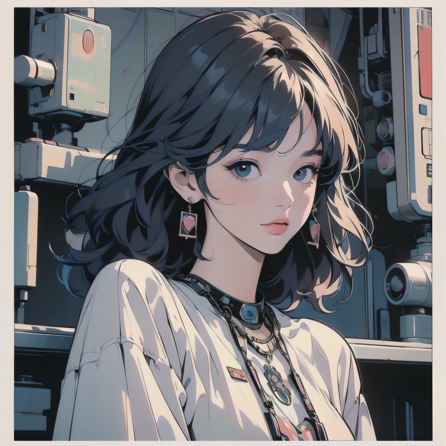 (((masterpiece, Highest quality)))、(((32K Wallpapers)))、The most detailed machine、(((The most complete and detailed futuristic machine and a woman)))、The most detailed background、(((Flat Chest)))、(((Surrounded by many complex, sophisticated, futuristic machines)))、head shot,((((more various angle))))、((Overall colorfully))、A perfect machine、(((Perfect Face)))、(((The most complete machine of the future)))、Detailed Hair、Short sleeve white T-shirt、colorful hair、(((Scissors)))、Gorgeous light leaks