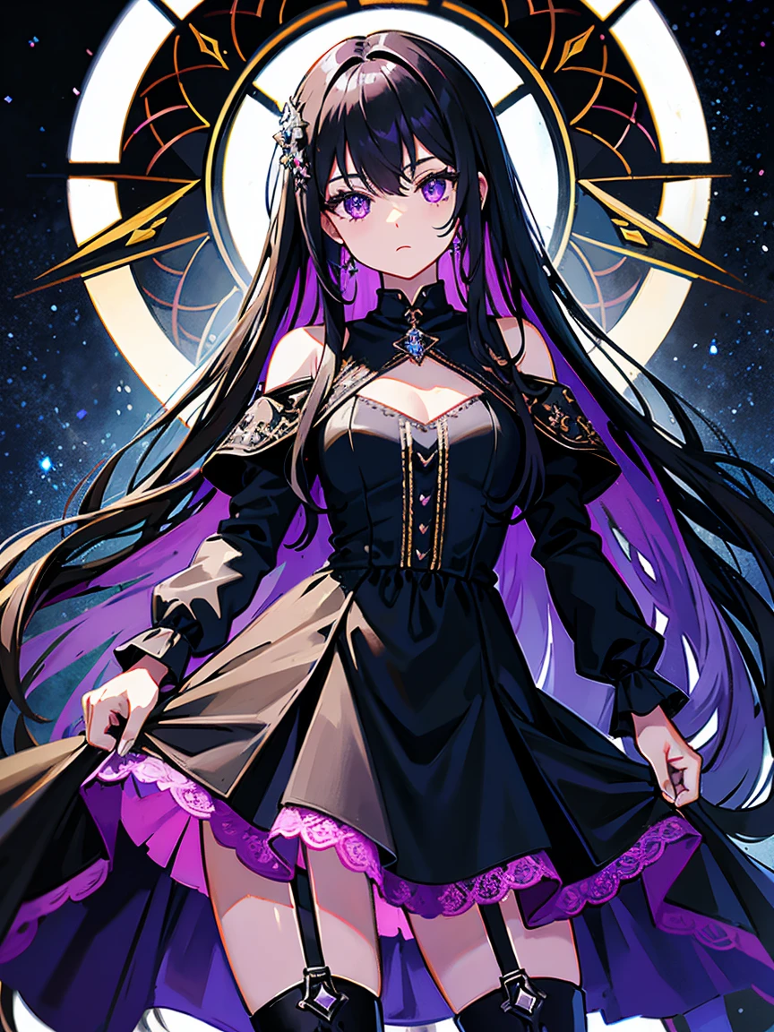 long hair,Black Hair,Purple eyes,Extreme Detail,High resolution,Jewel-like eyes,Detailed face,Detailed eyes,Black Dress,I have a handgun in my hand、Black boots,White skin,A dress that doesn't reveal much,Black gloves with exposed fingers,美しいPurple eyes