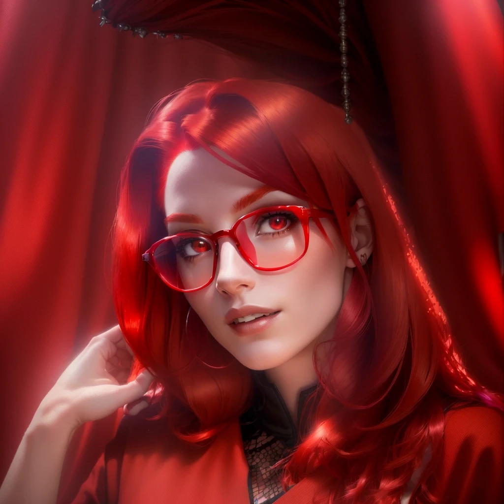 arafed woman with red hair and glasses looking at the camera, red dyed hair, crimson red hair and red eyes, bright red hair, strong red hue, with red hair, vibrant red hair, wearing red tainted glasses, red glowing hair, with few fire red highlights, with long red hair, red hair, red wig, glowing red, headshot profile picture