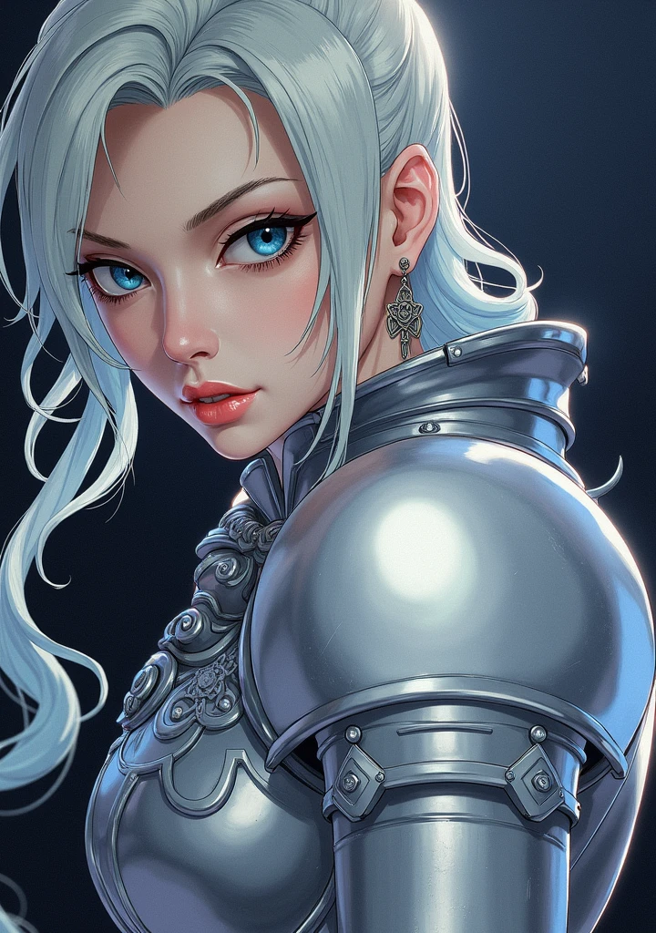 Blue haired woman looking ahead, serious look, plate armor, beautiful sharp face 