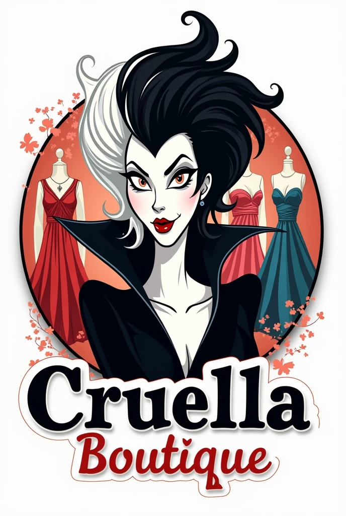 Boutique logo with Cruella de Vil in the middle of a boutique full of dresses with a white background and the name "Cruella Boutique" In the middle