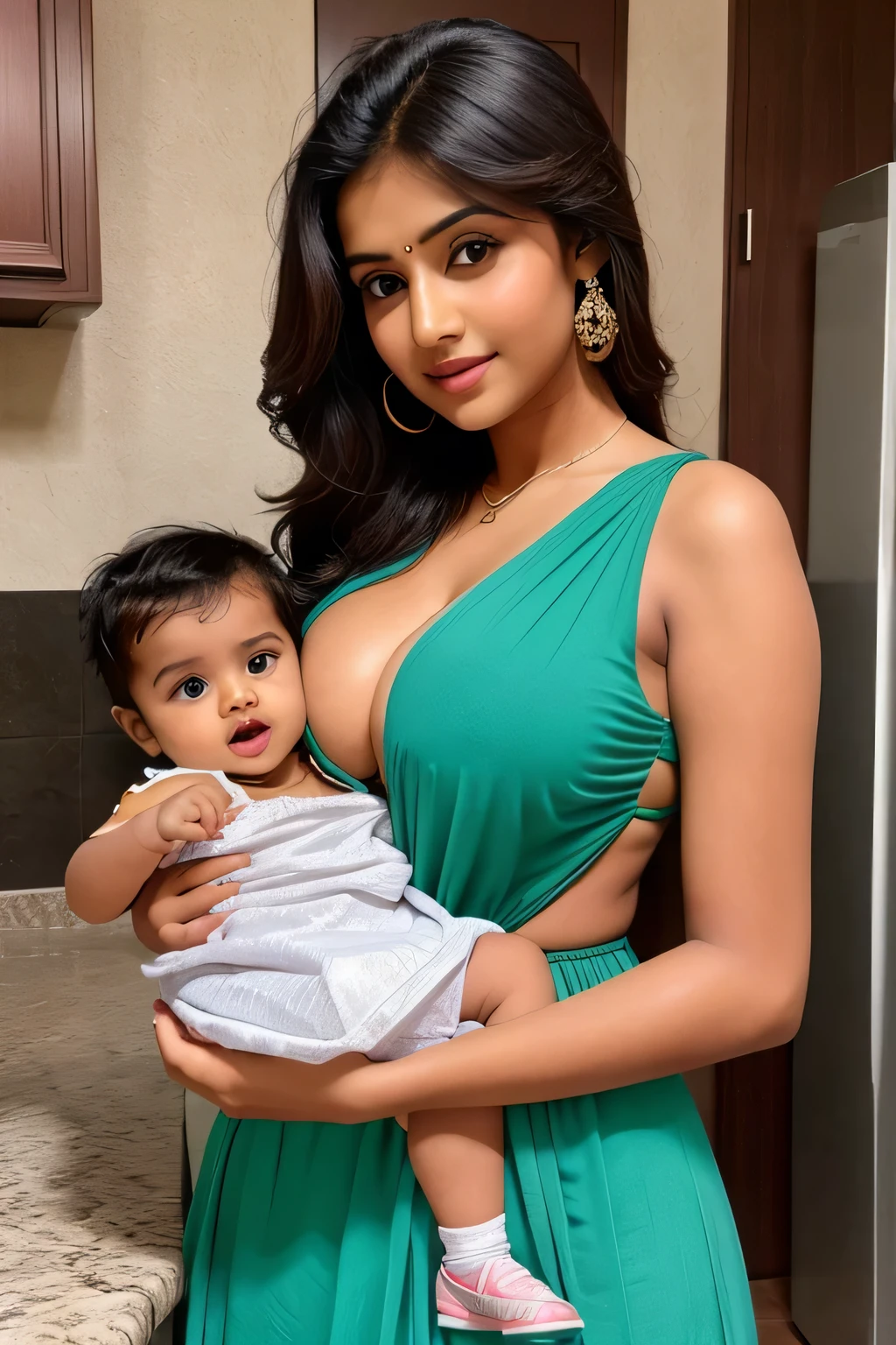    cute beautiful  Indian hot girl with boobs with stylish modern stunning dress with his  cute litll size hot pic
