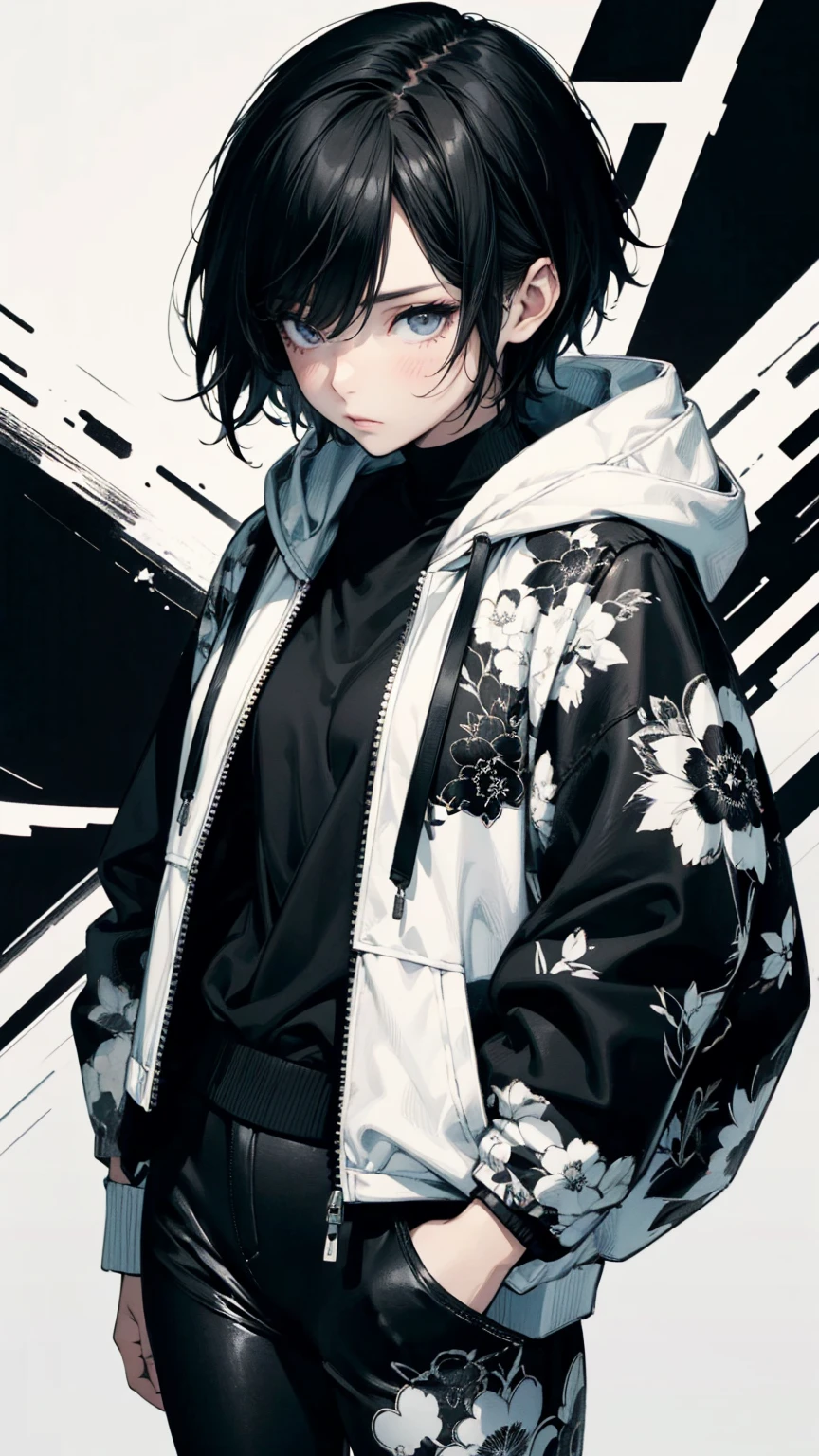 Top view, A woman with her hands in her pockets, Half-open eyes, Asymmetrical Short Hair, White hooded jacket with black floral embroidery, Black underwear and black leather pants, abstract design, A mixed black and white background, Anime Style, Digital Painting, (masterpiece, High resolution, Highest quality)