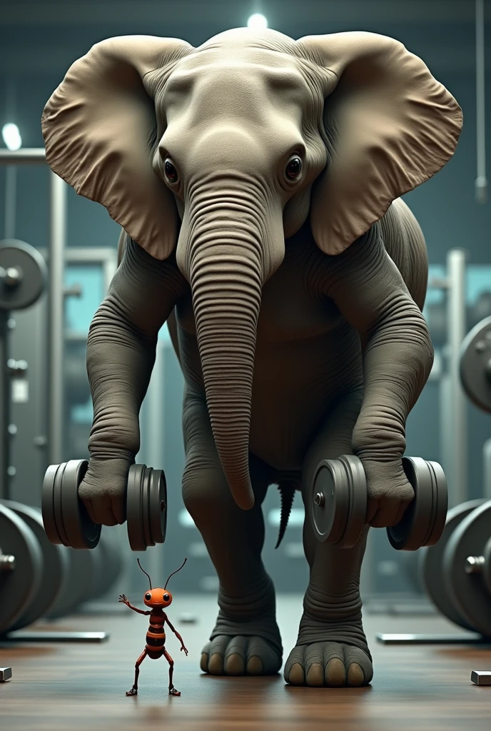An elephant and an ant are standing shoulder to shoulder in the gym, holding dumbbells in their hands